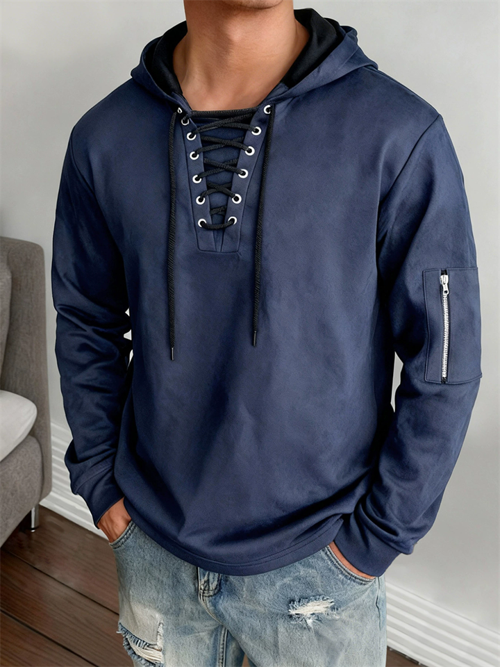 Men's Dark Blue Lace-Up Neck Hoodie with Zipper Pocket‌