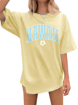 Flower & HAWAII Printed Round Neck T-shirts for Women