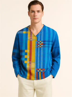 Men's Trendy Contrast Color Striped V Neck Long Sleeve Shirts
