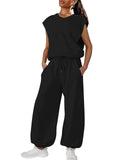 Women's Summer Casual Solid Color Round Neck Sleeveless Jumpsuits