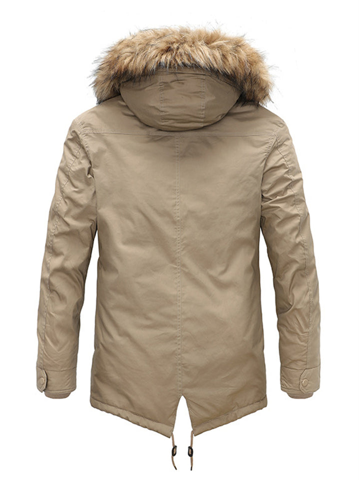 ‌Men's Winter Warm Fleece-Lined Parka Coat Faux Fur-Trimmed Hood