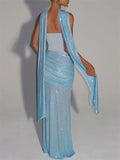 Female's Sequined Solid Color Tube Evening Dress with Scarf