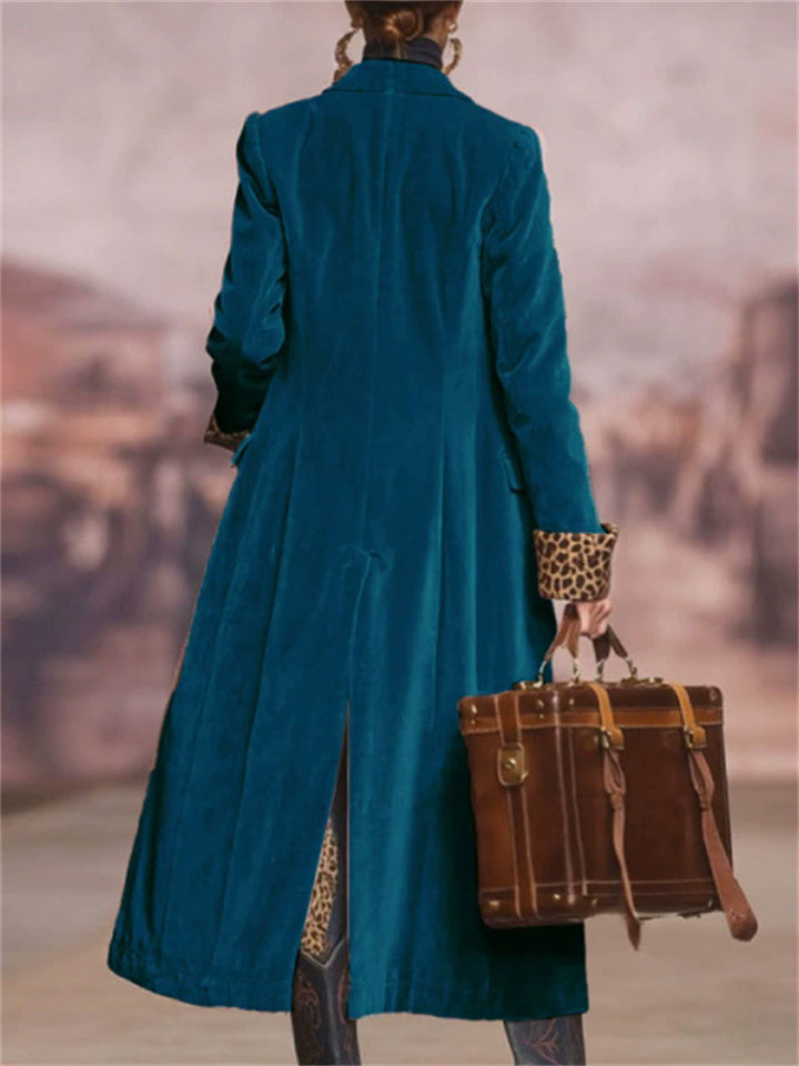 Blue Velvet Leopard Trim Lapel Single Breasted Coat for Women
