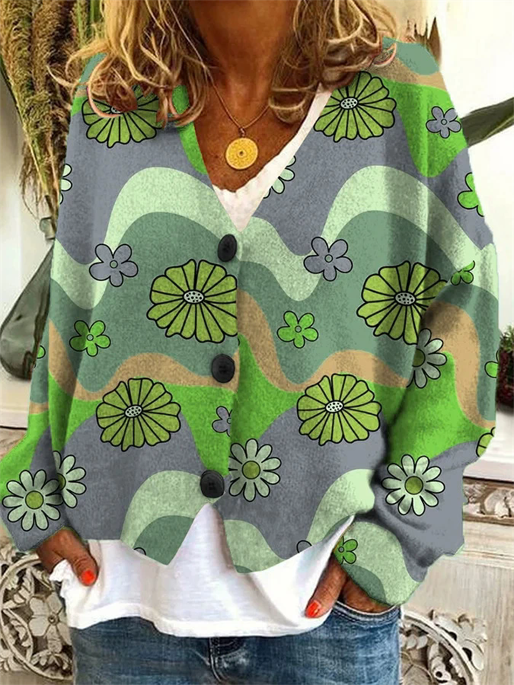 Women's Autumn Flower Print Button Up V Neck Cardigan Sweaters