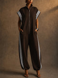 Women Zip Up Short Sleeve Striped Athletic Jumpsuit