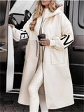 ‌Womens Oversized Fleece Letters Crochet Hooded Coat with Pockets‌