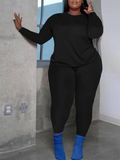 Plus Size Women's Simple Plain Color Long Sleeve Top Tight Pants Set