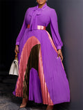 Women's Long Sleeve Tie Neck Pleated Maxi Dress With Belt