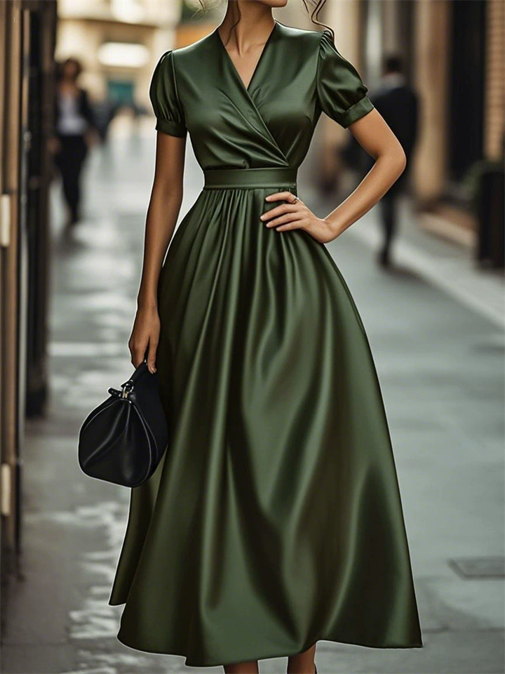 Women's Green Solid Color Elegant French Style V Neck Big Hem Dress