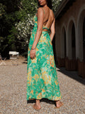 Female Spaghetti Strap French Style Printed Low-cut Dress