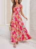 Female Holiday Floral Leaf Print Sleeveless Pleated Dress