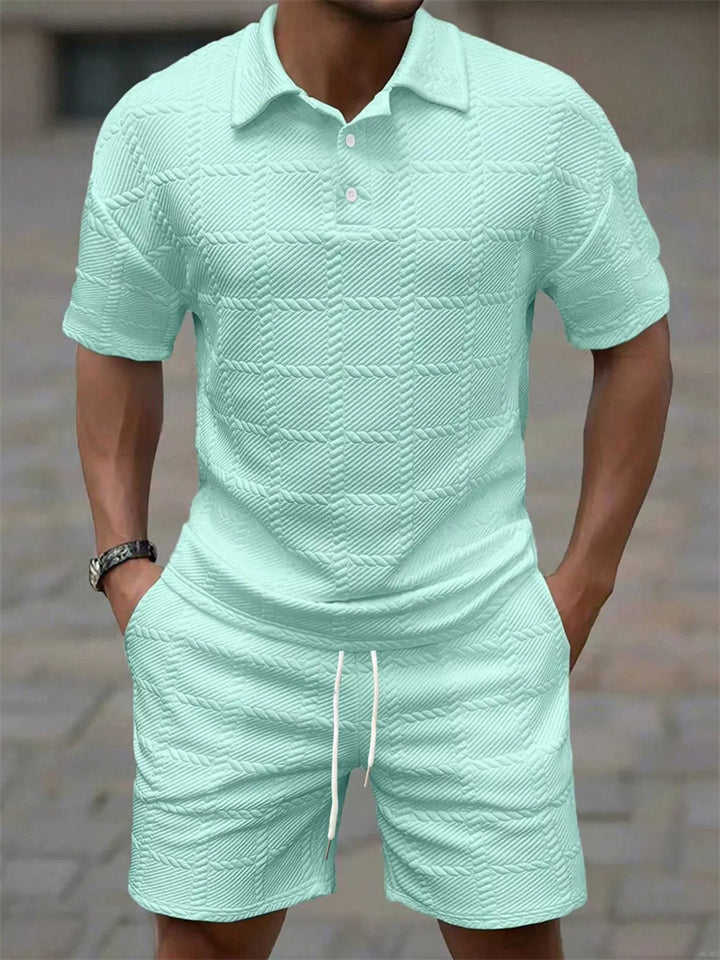 Men's Casual Summer Holiday Style 2 Piece Textured Knit Polo Short Outfits