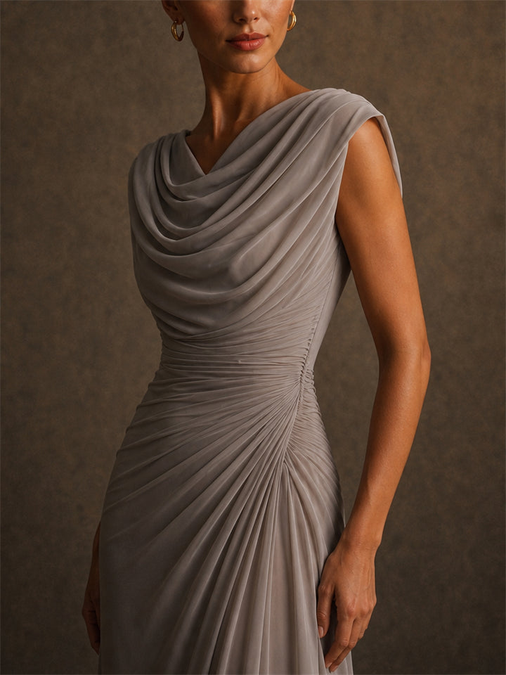 Women Elegant Draped Cowl Neck Ruched Formal Evening Maxi Dress