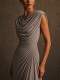 Women Elegant Draped Cowl Neck Ruched Formal Evening Maxi Dress