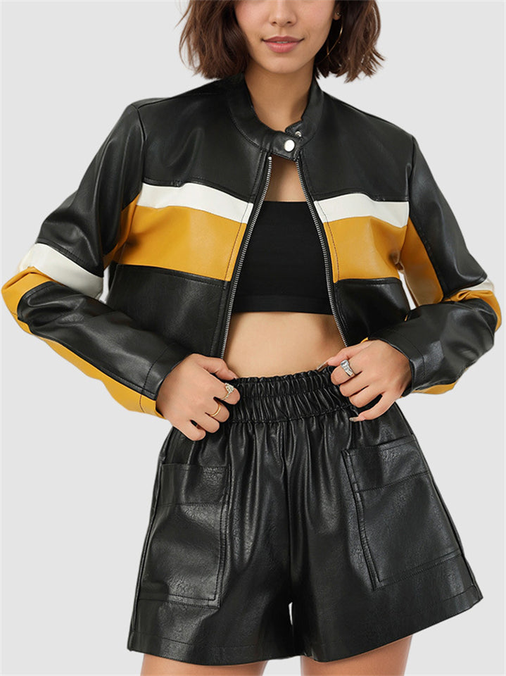 Women's Faux Leather Contrast Color Crop Motorcycle Coat