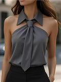 Female's Elegant Summer Solid Color Lapel Sleeveless Halter Blouse