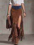 ‌Boho Style Demin Suede Patchwork Skirt for Women‌ with Fringe Hem