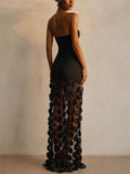 Women Strapless Black Evening Gown Sheer Mesh Circle Dress