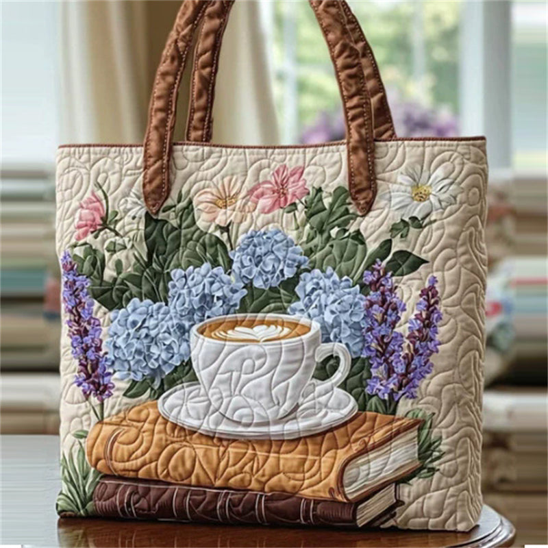 Women's Floral Coffee Cup Canvas Quilted Tote Bag