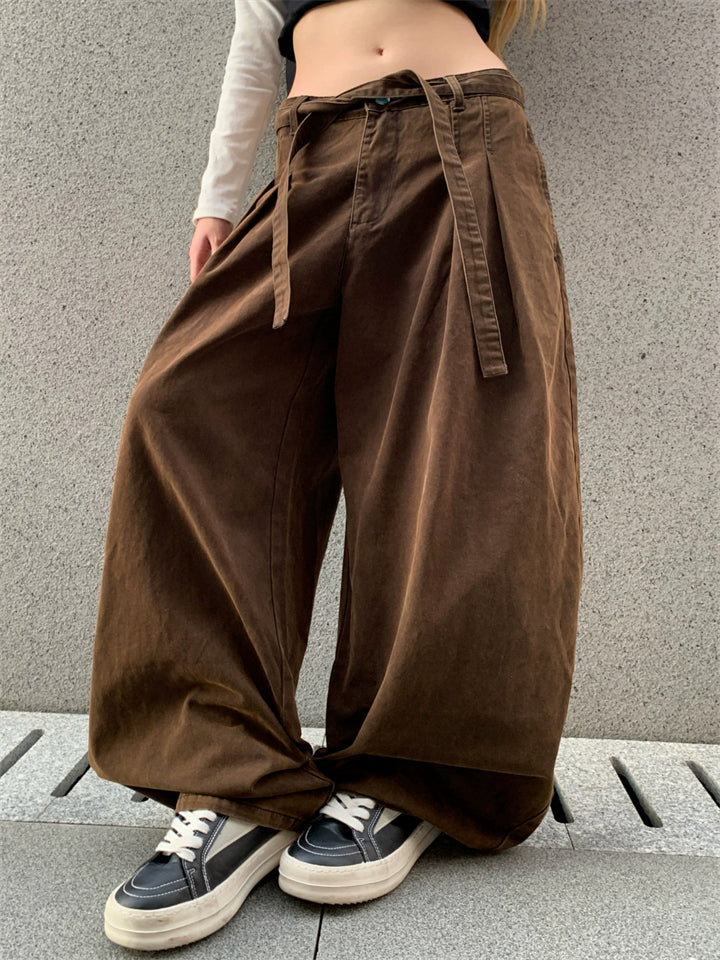 Women's Simple High-Waist Pleated Baggy Casual Pants with Belt