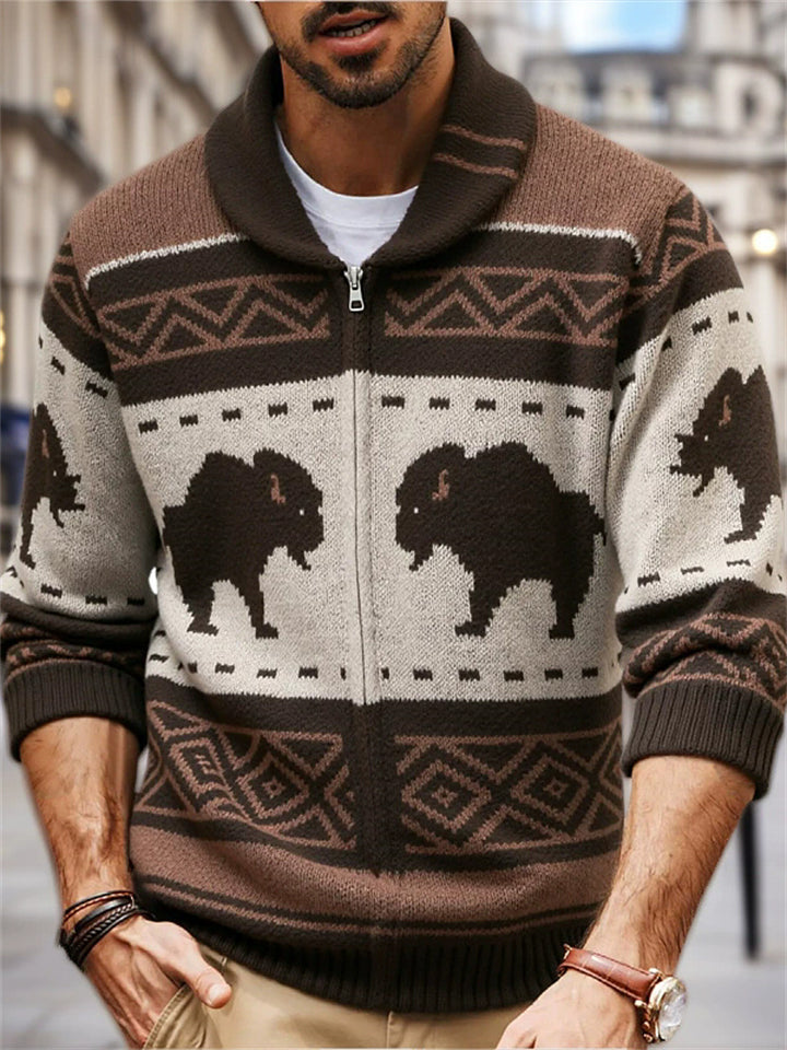 Men's Winter Street Retro Jacquard Zip Up Cardigan Sweaters