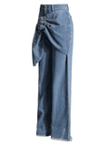 Korean Style Women's Patchwork Belted Wide Leg Denim Pants