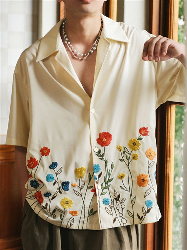 Men's Summer Hawaii Style Floral Print Button Up V Neck Short Sleeve Shirt