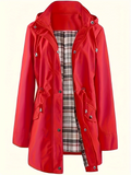 Women's Autumn Drawstring Waist Plaid Lining Trench Coat with Detachable Hood