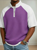 Mens Short Sleeve Quarter Zip Color Block Waffle Textured Knit Top
