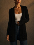 Women Ribbed Knit Open Front Cardigan with Pleated Pockets