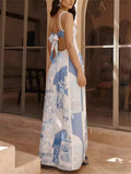 Women's Geometry Print Blue Square Neck Strappy Dress