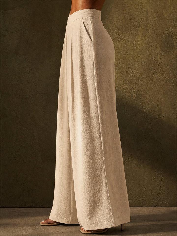 Women High Waist Wide Leg Cross Waist Pleated Chic Trousers