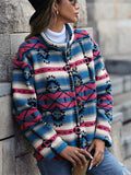 Women's Autumn Contrast Color Button Up Geometric Pattern Fleece Coats
