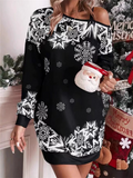 Women's Christmas Snowflake Printed Long-sleeved Off-shoulder Dress