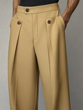 ‌Men's Casual High-Waist Pleated Suit Trousers with Button Details