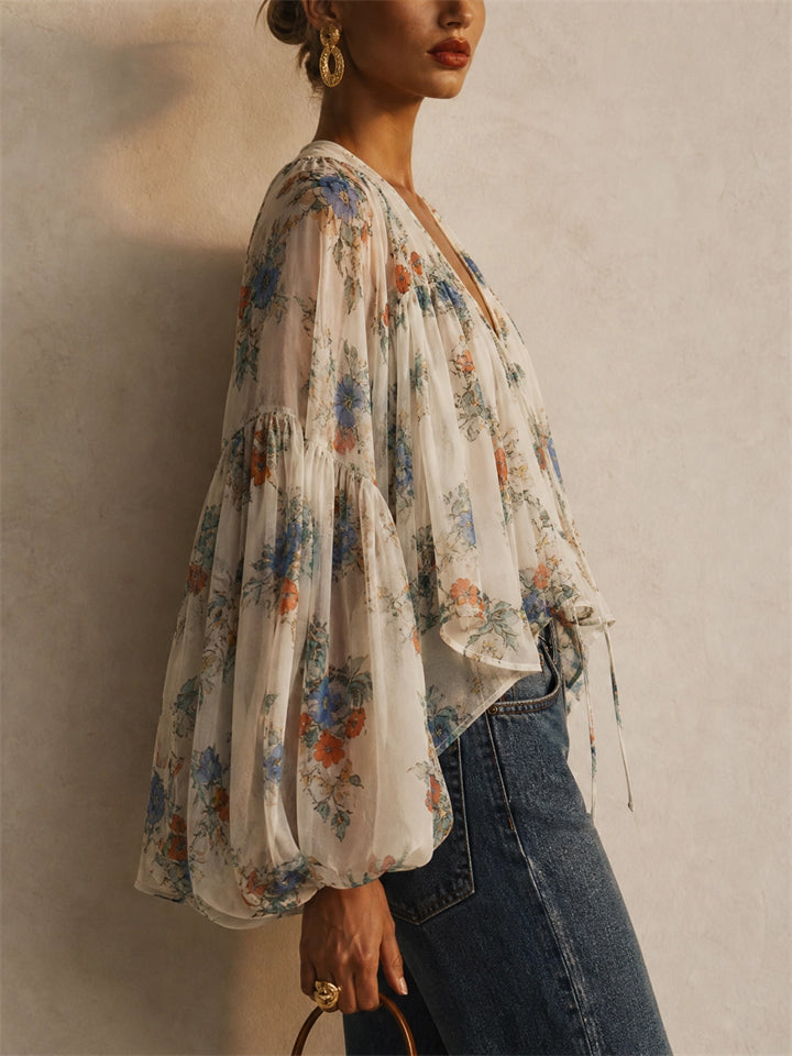 Women Bohemian Floral Tie Front Lantern Sleeve V Neck Blouse
