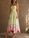 Women Strapless Smocked Hibiscus Print Tropical Maxi Dress