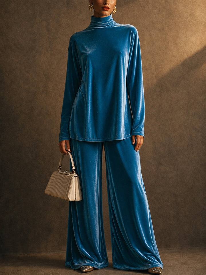 Women Vintage Velvet Turtleneck Top and Wide Leg Pants 2 Piece Lounge Set