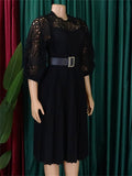 Women's Lace hollow Pleated Midi Dress With Belt