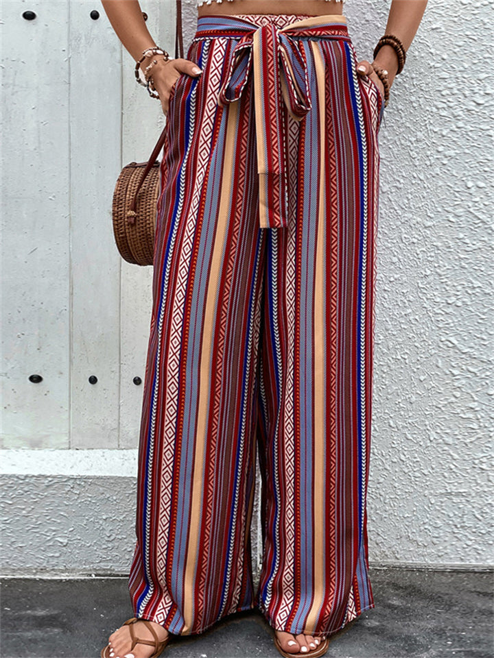 Women's Summer Contrast Color Stripe High Waist Wide Leg Pants