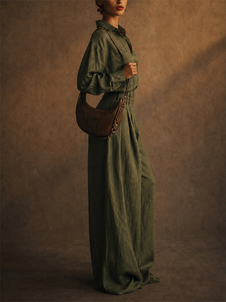 Women Vintage 2 Piece Set Button Down Shirt and Wide Leg Pants