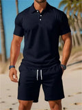 Men's Summer Casual 2 Piece Outfits Short Sleeve Polo Shirt Shorts Set