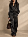 Women Two Piece Paisley Satin Shirt and Wide Leg Pants Outfit