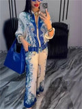 Women's 2Pcs Flowers Print Zip Up Drawstring Long Sleeve Shirt & Pants Set