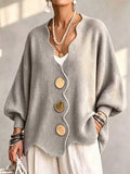 Women Oversized V Neck Knit Cardigan Gold Button Batwing Sweater