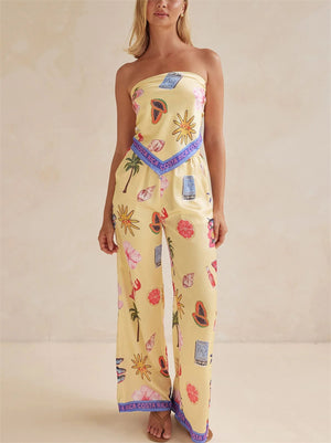 Women's 2pcs Casual Cartoon Print Tube Top & Wide Leg Pants Set