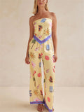 Women's 2pcs Casual Cartoon Print Tube Top & Wide Leg Pants Set