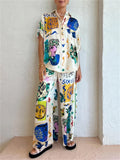 Lady Personality Graffiti Print Satin Shirt Wide Leg Trouser Suit