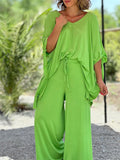 Women's 2Pcs Solid Color Shoulder Cut Lace Up Sleeve Shirt &Pants Set