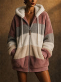 Women Oversized Color Block Fuzzy Sherpa Fleece Zip Hoodie